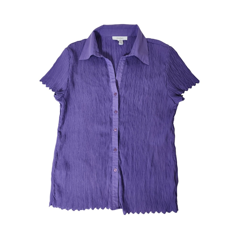 Dressbarn Womens Purple Crinkle Textured Short Sleeve Button Down Blouse Large